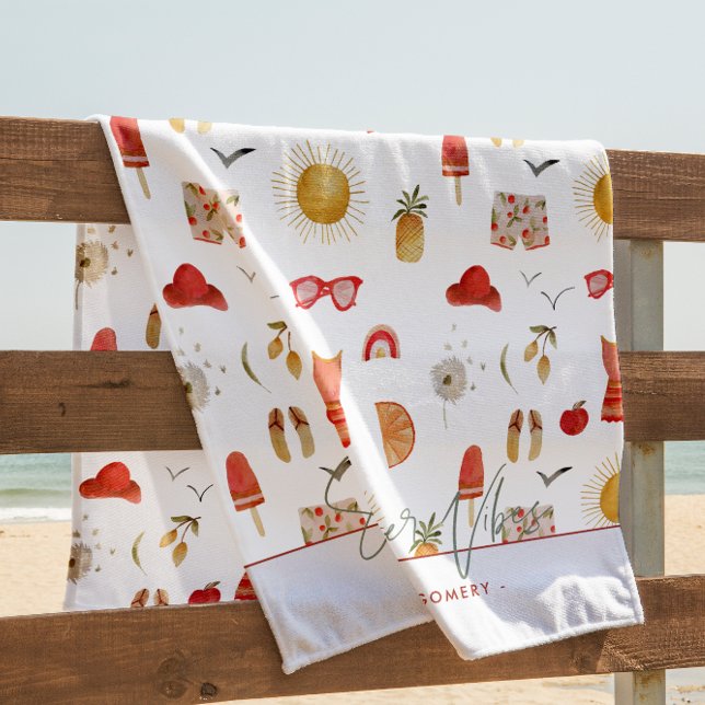 Serviette De Plage Vibes d'été | Monogramme Boho Retro Été (Créateur téléchargé)