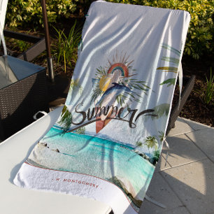 Serviette De Plage Vibes d'été   Monogramme de surf d'été rétro bohèm