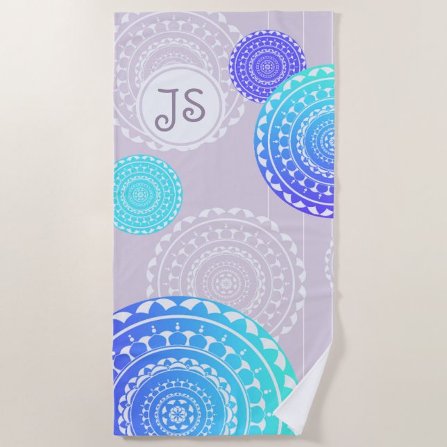 Serviette De Plage Vibrant Aqua Blue Random Mandala Monogramme (Devant)
