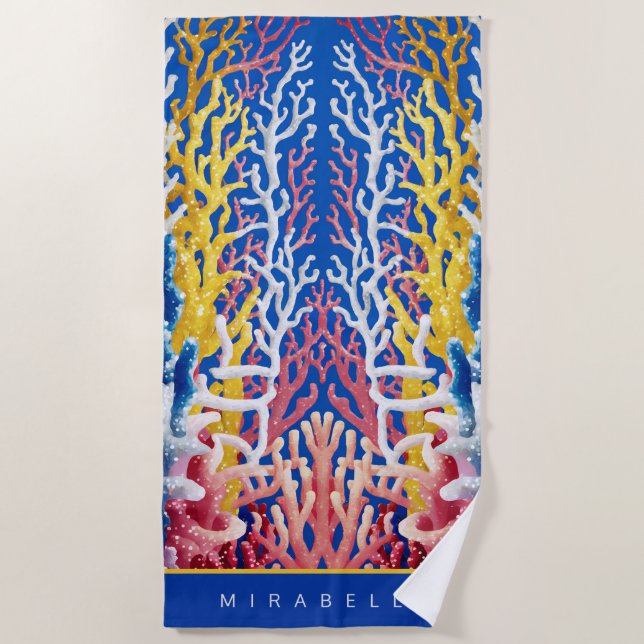 Serviette De Plage Vibrant corail océanique blanc et rose Personnalis (Devant)