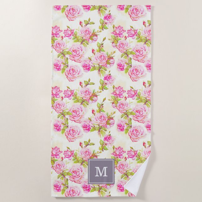 Serviette De Plage Vieille plage rose T de monogramme de motif floral (Devant)