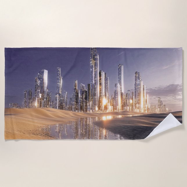 Serviette De Plage Ville de science-fiction futuriste reflétée dans l (Devant)