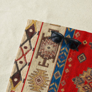 Serviette De Plage Vintage Boho Ethnique Antique Rouge Bleu Kilim Tur