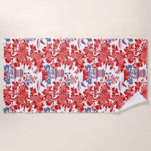 Serviette De Plage Vintage Chinoiserie Delft Français rouge bleu