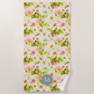 Serviette De Plage Vintage Floral Rose Peonies Monogram Beach Towne