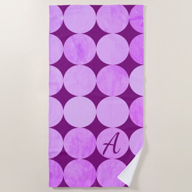 Serviette De Plage Violet, Violet Magenta et Cercles roses Monogramme (Devant)