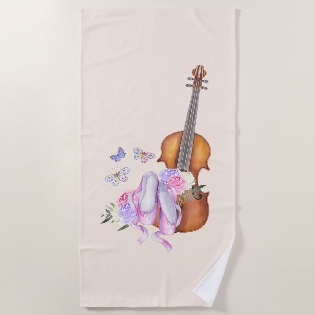 Serviette De Plage Violon, Chaussures de Ballet, Fleurs et Papillons (Devant)
