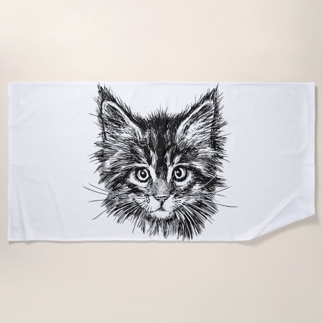 Serviette De Plage Visage de Kitten noir et blanc (Devant)