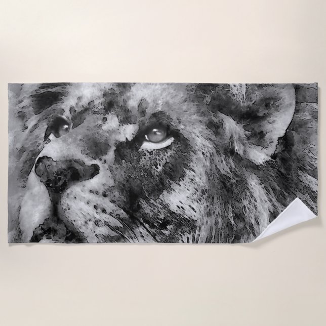 Serviette De Plage Visage de lion placide argenté (Devant)