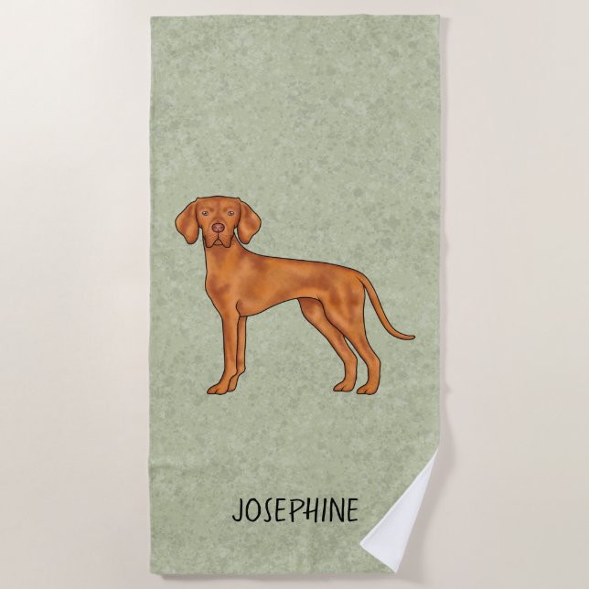 Serviette De Plage Vizsla Hongrois Chien Pointer Mignon Avec Nom Vert (Devant)