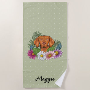 Serviette De Plage Vizsla Hongroise Avec Fleurs Colorées Et Nom