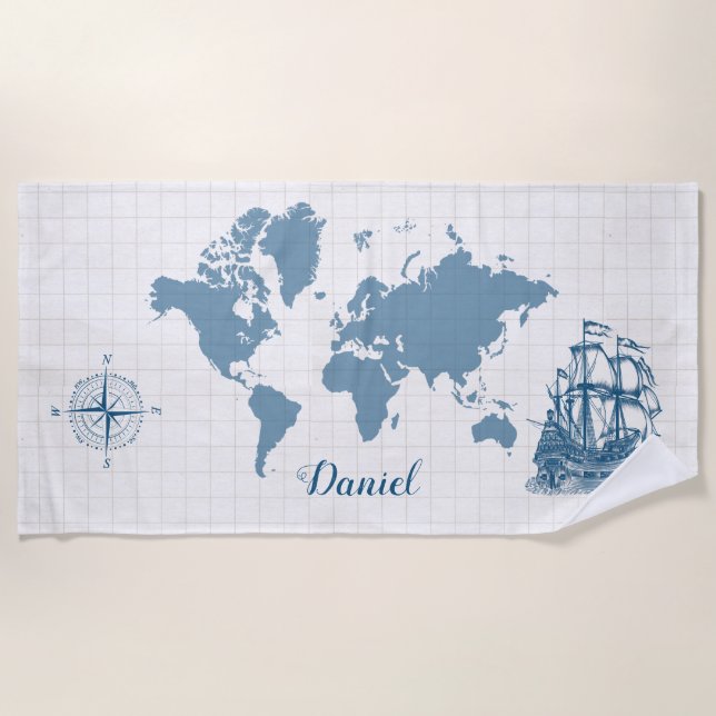 Serviette De Plage Voilier antique avec nom (Devant)
