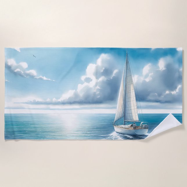 Serviette De Plage Voilier Solitaire à l'Horizon Bleu (Devant)