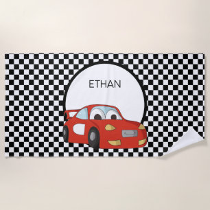 Serviette De Plage Voiture de course rouge enfant à damier noir et bl