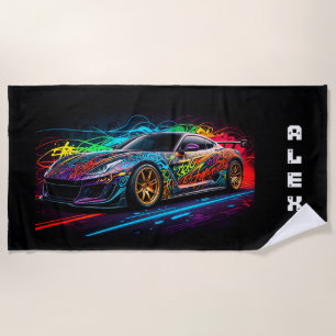 Serviette De Plage Voiture de sport sur fond de graffiti avec prénom