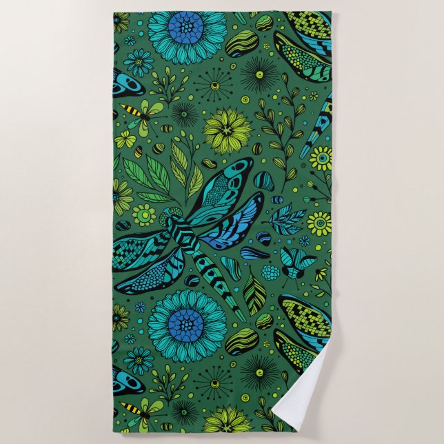Serviette De Plage Voler, voler la libellule sur le vert émeraude (Devant)