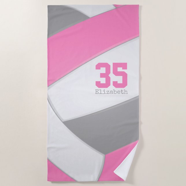 Serviette De Plage volley-ball féminin rose gris et blanc personnalis (Devant)