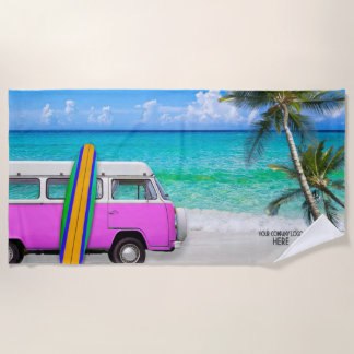 Serviette De Plage Votre entreprise Logo Beach Pink Van & Surboard