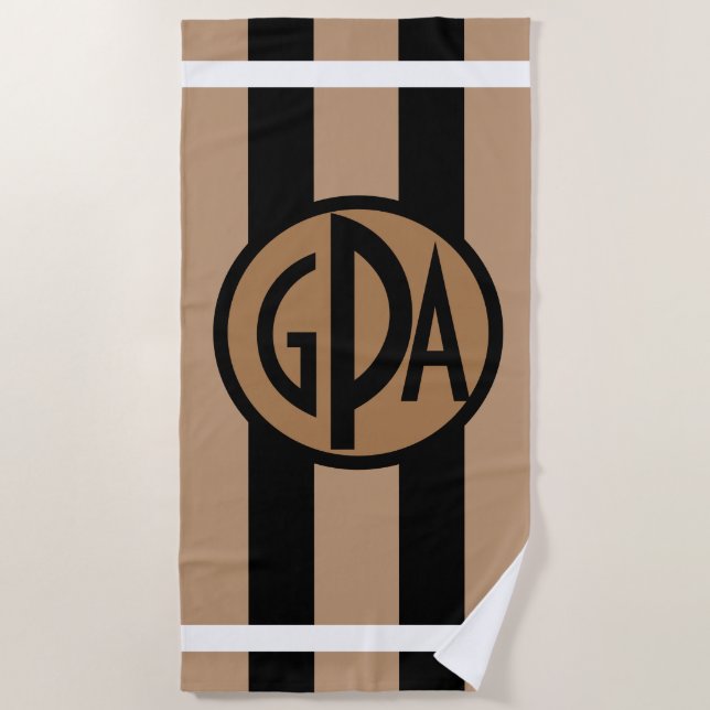 Serviette De Plage Votre noir de monogramme et rayures larges (Devant)