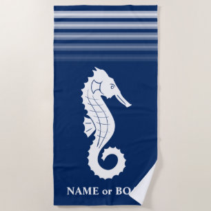 Serviette De Plage Votre nom ou bateau Seahorse Marine Bleu Bleu Blan