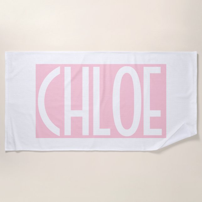 Serviette De Plage Votre nom | Texte blanc gras sur rose clair (Devant)