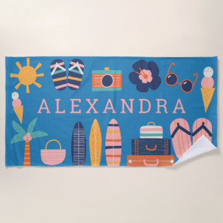 Serviette De Plage Voyage d'été Thème Cute Blue Personnalisé