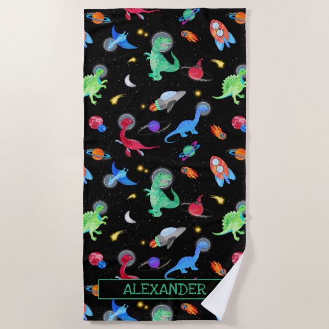 Serviette De Plage Watercolor Dinosaur Astronauts In Space Black (Devant)