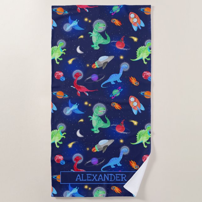 Serviette De Plage Watercolor Dinosaur Astronauts In Space Blue (Devant)