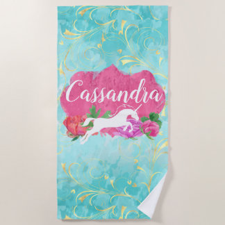 Serviette De Plage Watercolor Flower Unicorn Pink Blue Girls