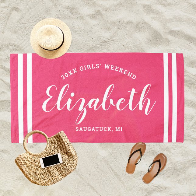 Serviette De Plage Week-end de filles rose chaud Monogramme Nom (Créateur téléchargé)