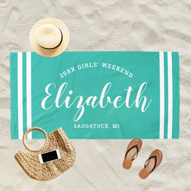 Serviette De Plage Week-end de filles turquoise Monogramme Nom (Créateur téléchargé)