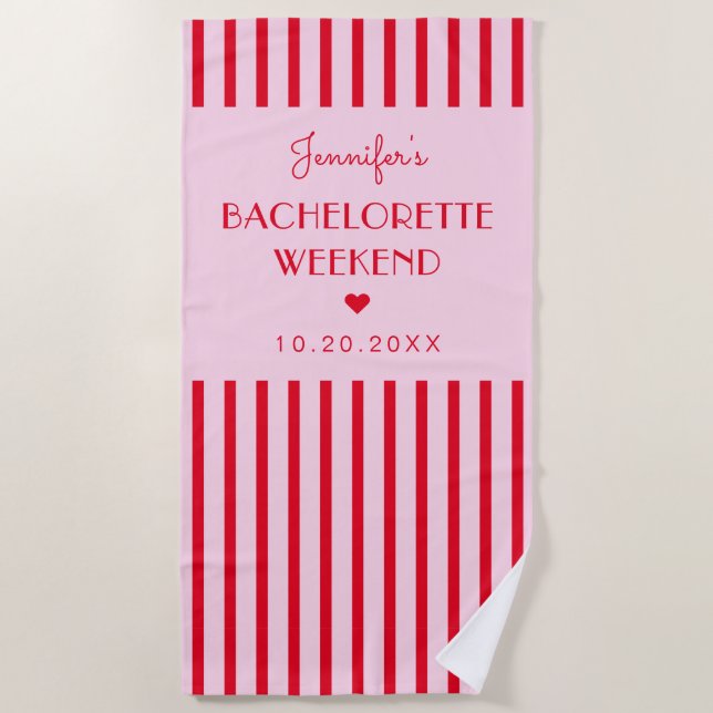 Serviette De Plage Week-end de jeune fille Retro Pink & Red Stripes (Devant)