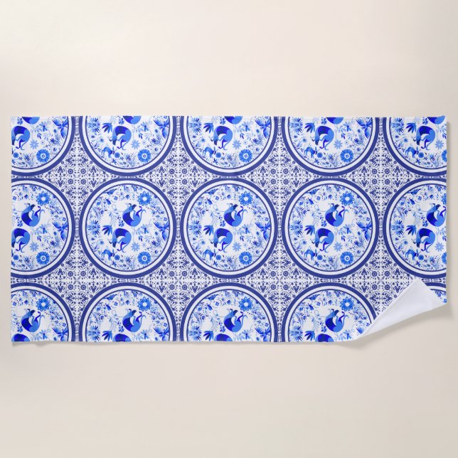 Serviette De Plage Weimaraners, Lapins et Oiseaux Otomi Bleu & Blanc  (Devant)