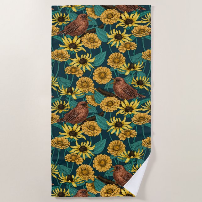Serviette De Plage Wens et fleurs sur bleu foncé (Devant)