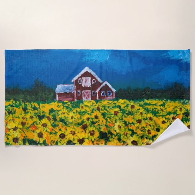 Serviette De Plage western country red barn summer sunflower field (Devant)