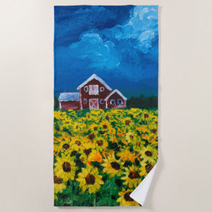 Serviette De Plage western country red barn summer sunflower field