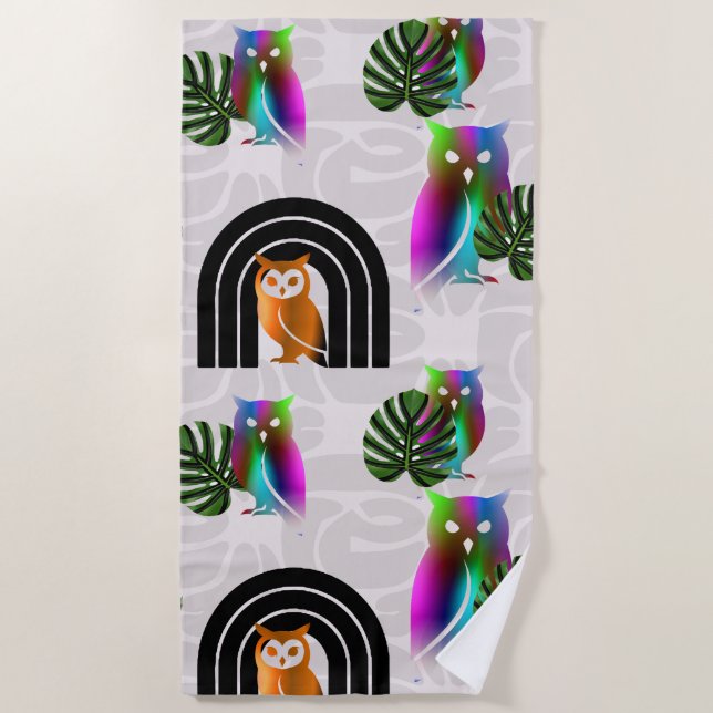 Serviette De Plage Whimsical Boho Owl & Tropical Monstera Leaf (Devant)