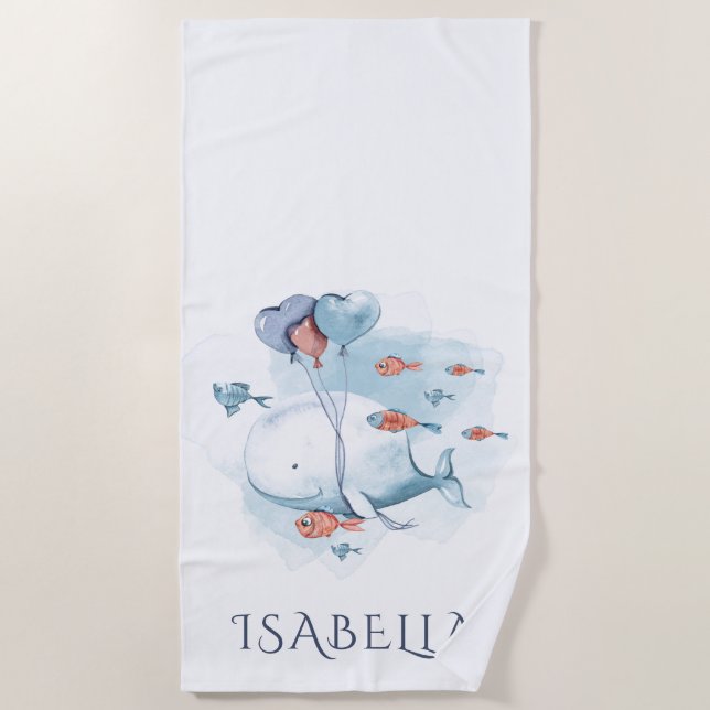 Serviette De Plage Whimsical Watercolor Baleine et poissons Personnal (Devant)