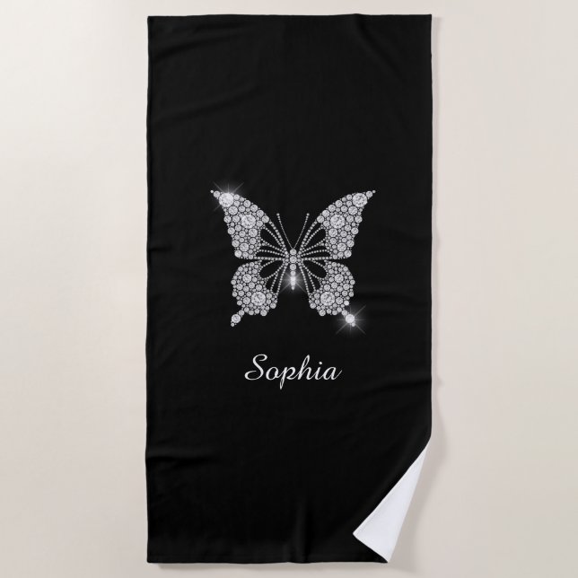 Serviette De Plage White Diamond Butterfly, DIY Script Nom, Black (Devant)