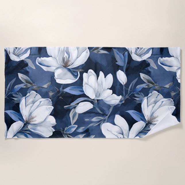 Serviette De Plage White Magnolia Motif sur l'arrière - plan de minui (Devant)