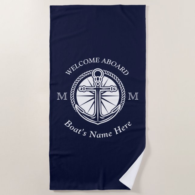 Serviette De Plage White Navy Blue Boat Nom Ancre Bienvenue à bord (Devant)