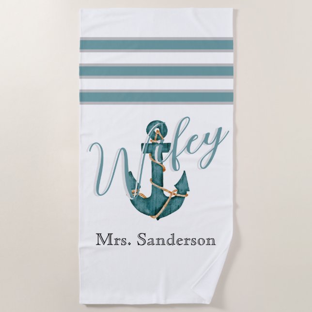 Serviette De Plage Wifey Nautical Aqua Turquoise Bleu n Ancre blanche (Devant)