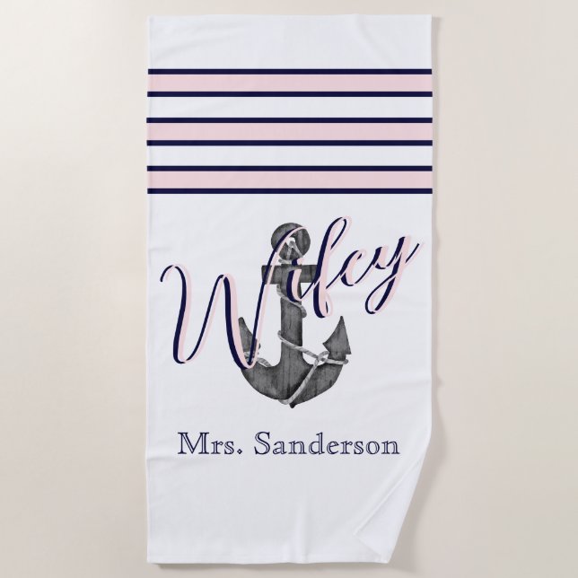 Serviette De Plage Wifey Nautical Monogramme Rose Marine Ancre bleue (Devant)