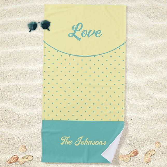 Serviette De Plage Yellow Mid Century Turquoise Points Rétro Aimer (Love Turquoise Retro Dots Yellow Mid Century Beach Towel ©Susanne Sachers - Sunny Mind Design)