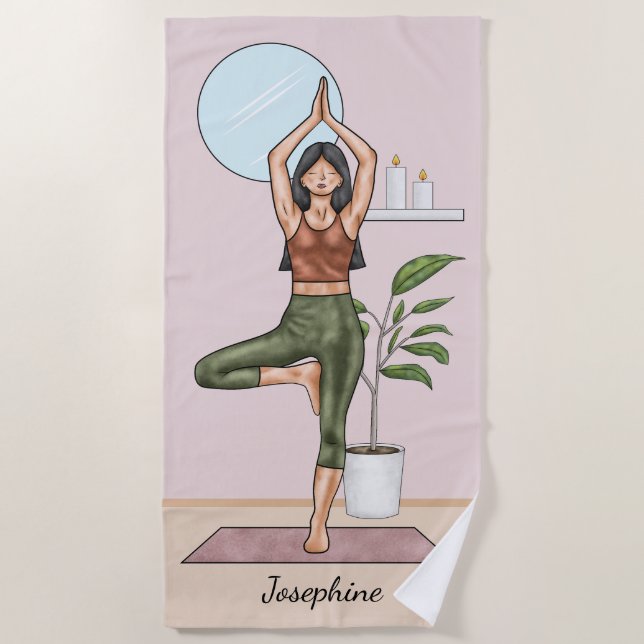 Serviette De Plage Yoga Pose de l'Arbre Vrikshasana Femme avec nom pe (Devant)