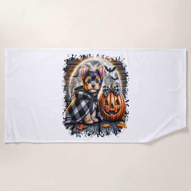 Serviette De Plage Yorkie Chien Carré d'Halloween (Devant)