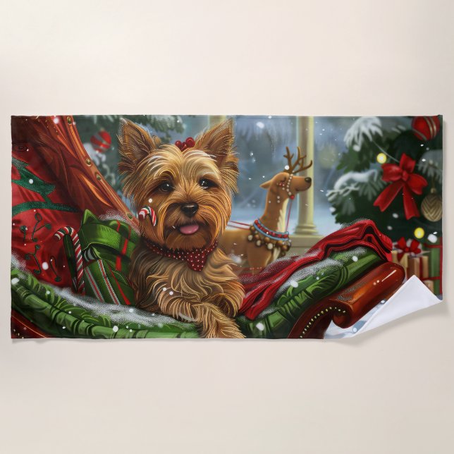 Serviette De Plage Yorkshire Terrier Chien Noël Festif (Devant)