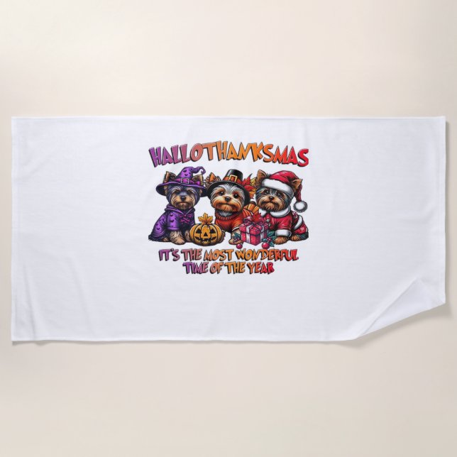 Serviette De Plage Yorkshire Terrier Halloween Thanksgiving Noël (Devant)