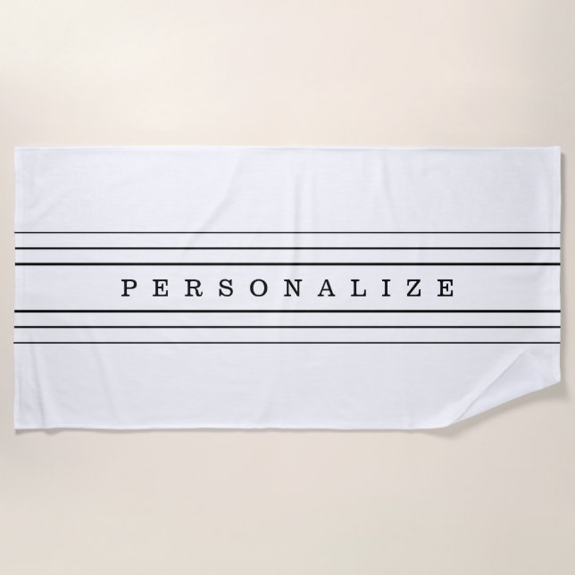 Serviette De Plage Your Custom Text & Modern Stripes | Black & White (Devant)