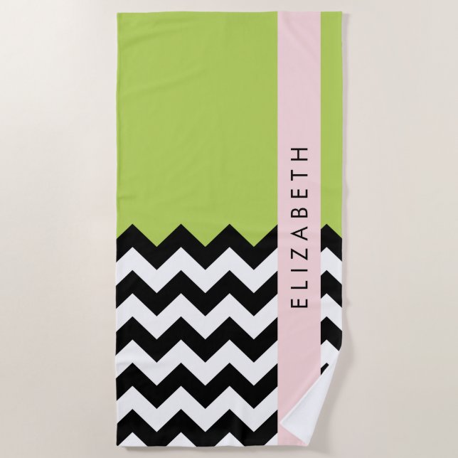 Serviette De Plage Zigzag noir et blanc, Chevron, Vert, Votre nom (Devant)